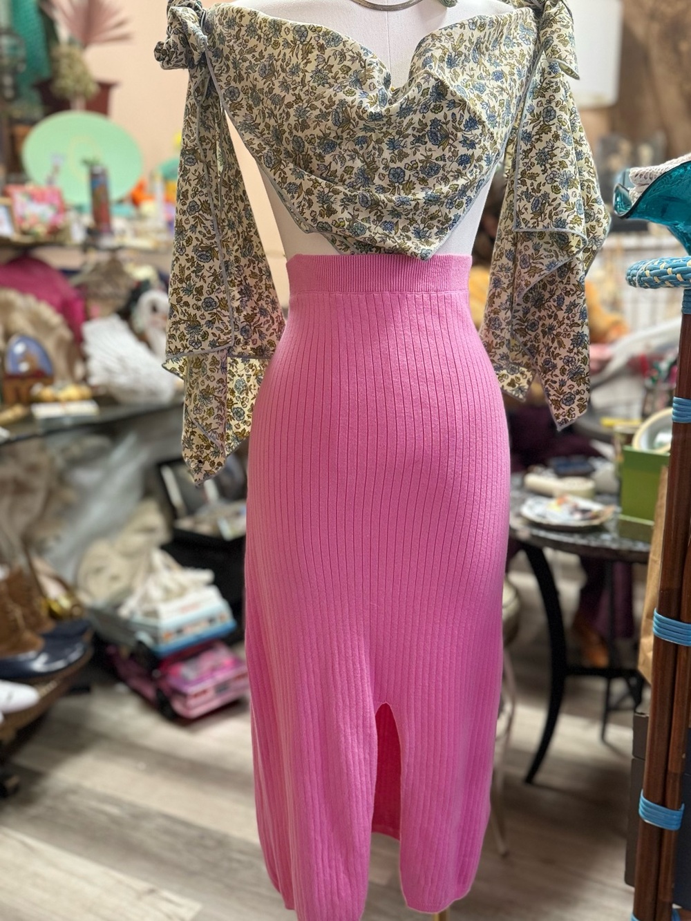 Free People Hot Pink Ribbed Midi Skirt with Front Slit